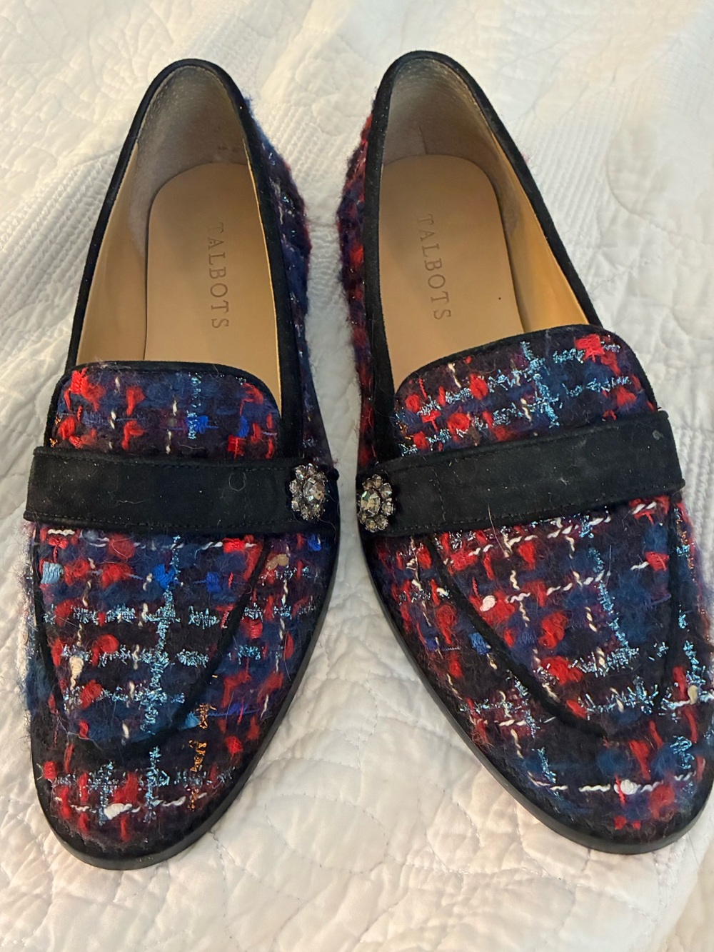 Talbots Women's Tweed Loafers in Red and Black Velvet Trim Rhinestone SZ 6.5M
